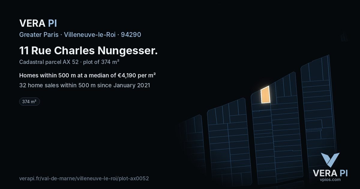 11 Rue Charles Nungesser, Villeneuve-le-Roi at night – the plot lit, the parcels around coloured by the prices near them