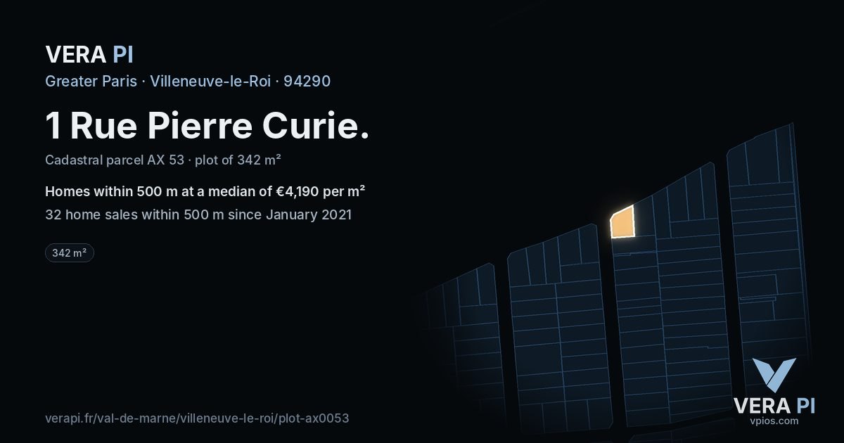 1 Rue Pierre Curie, Villeneuve-le-Roi at night – the plot lit, the parcels around coloured by the prices near them
