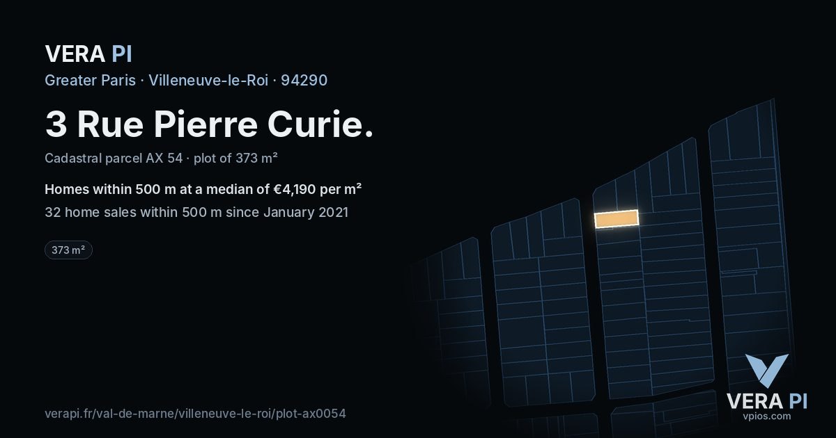3 Rue Pierre Curie, Villeneuve-le-Roi at night – the plot lit, the parcels around coloured by the prices near them