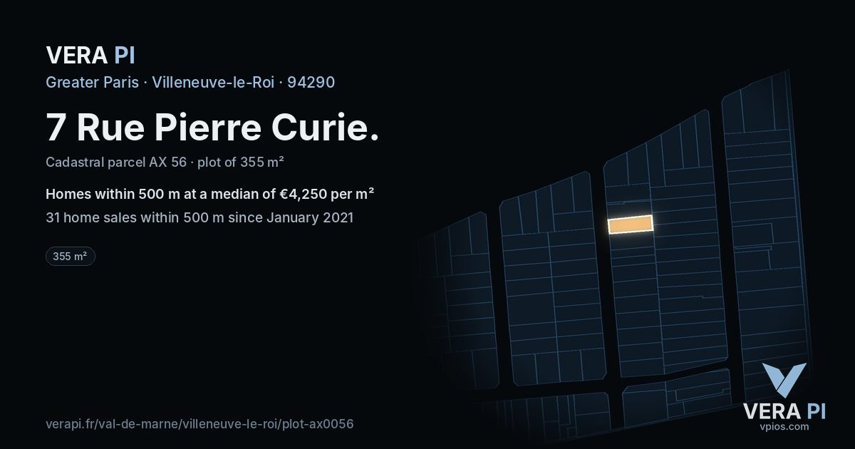 7 Rue Pierre Curie, Villeneuve-le-Roi at night – the plot lit, the parcels around coloured by the prices near them