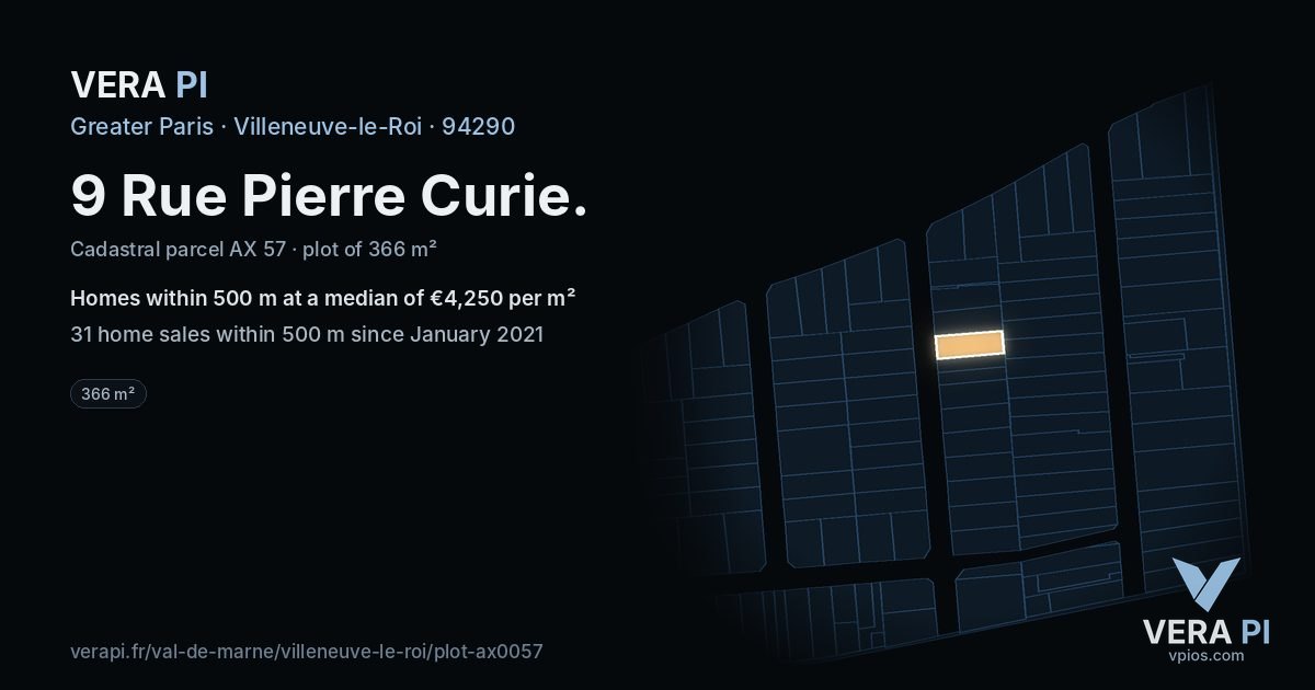 9 Rue Pierre Curie, Villeneuve-le-Roi at night – the plot lit, the parcels around coloured by the prices near them