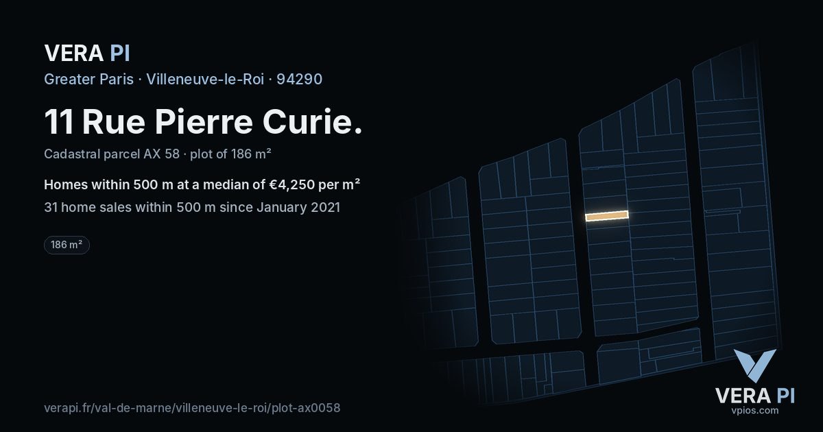 11 Rue Pierre Curie, Villeneuve-le-Roi at night – the plot lit, the parcels around coloured by the prices near them