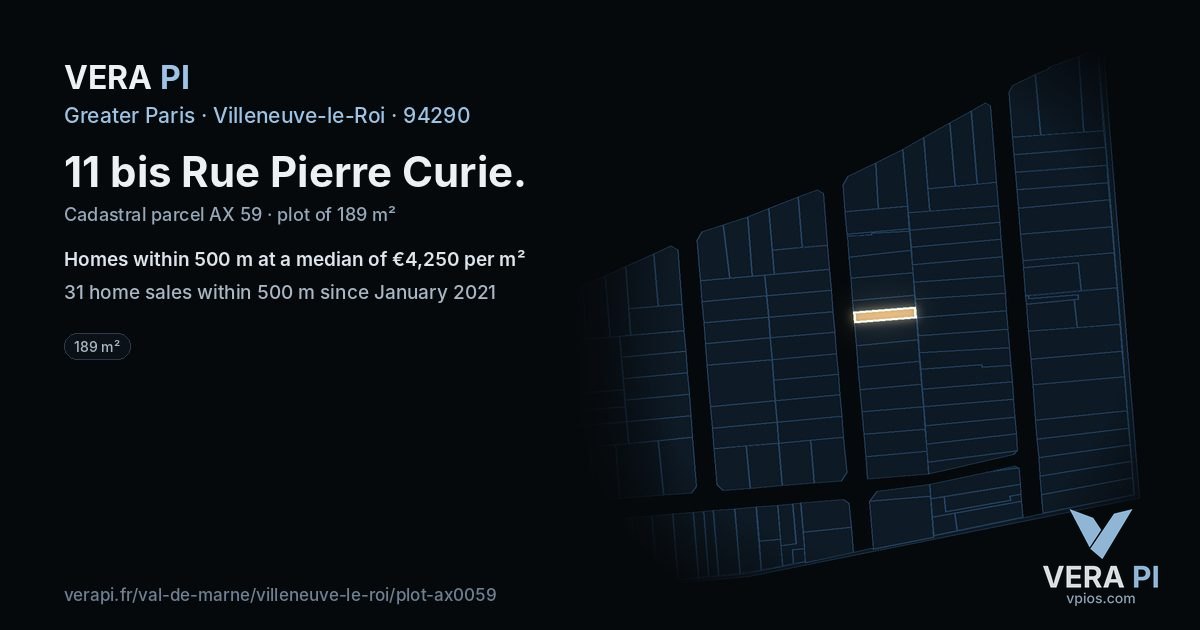 11 bis Rue Pierre Curie, Villeneuve-le-Roi at night – the plot lit, the parcels around coloured by the prices near them
