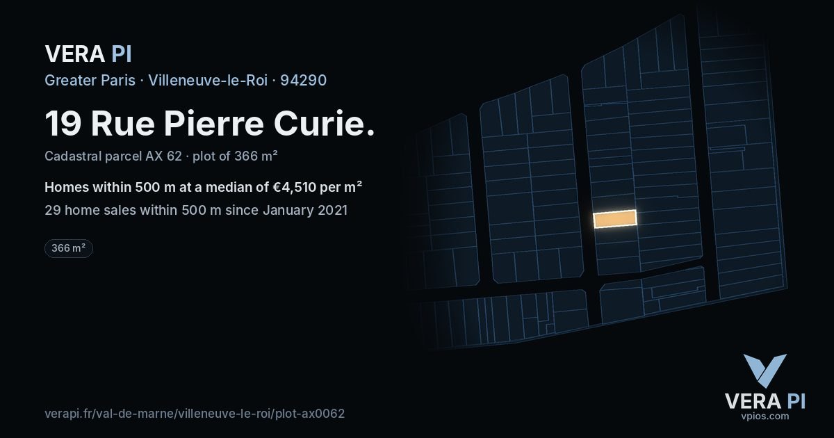 19 Rue Pierre Curie, Villeneuve-le-Roi at night – the plot lit, the parcels around coloured by the prices near them