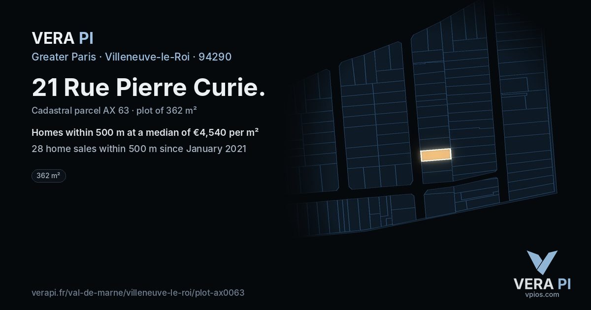 21 Rue Pierre Curie, Villeneuve-le-Roi at night – the plot lit, the parcels around coloured by the prices near them