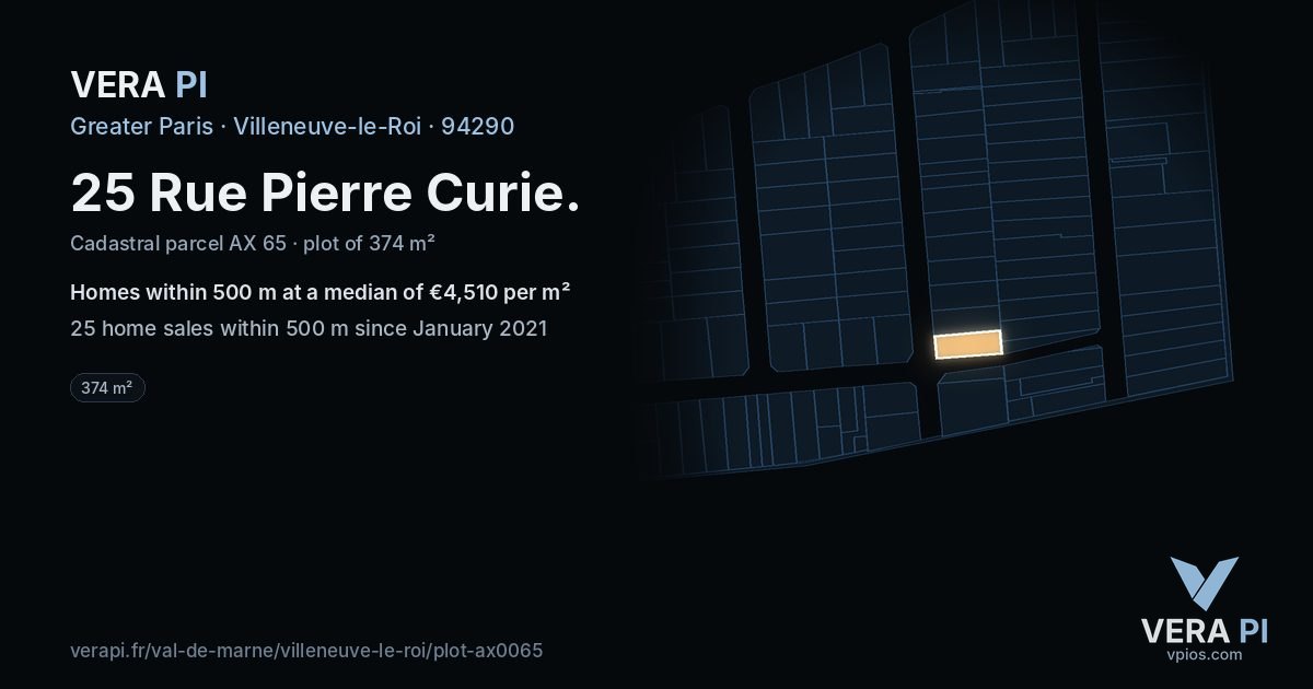 25 Rue Pierre Curie, Villeneuve-le-Roi at night – the plot lit, the parcels around coloured by the prices near them