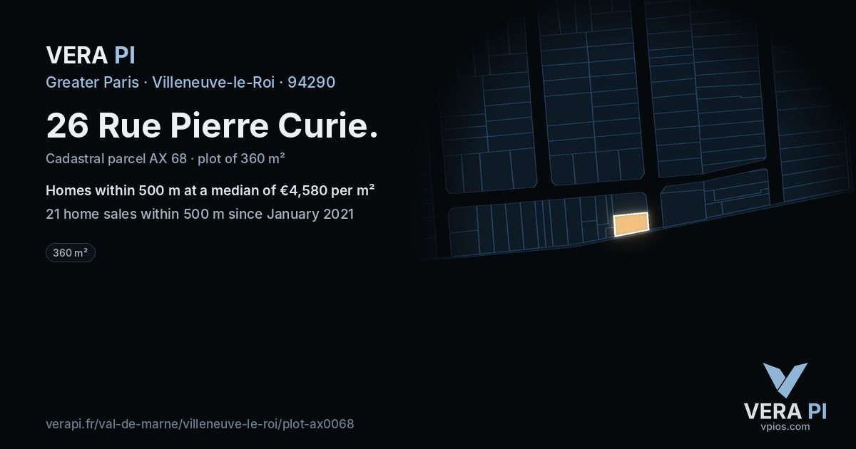 26 Rue Pierre Curie, Villeneuve-le-Roi at night – the plot lit, the parcels around coloured by the prices near them