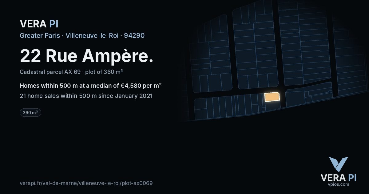 22 Rue Ampère, Villeneuve-le-Roi at night – the plot lit, the parcels around coloured by the prices near them