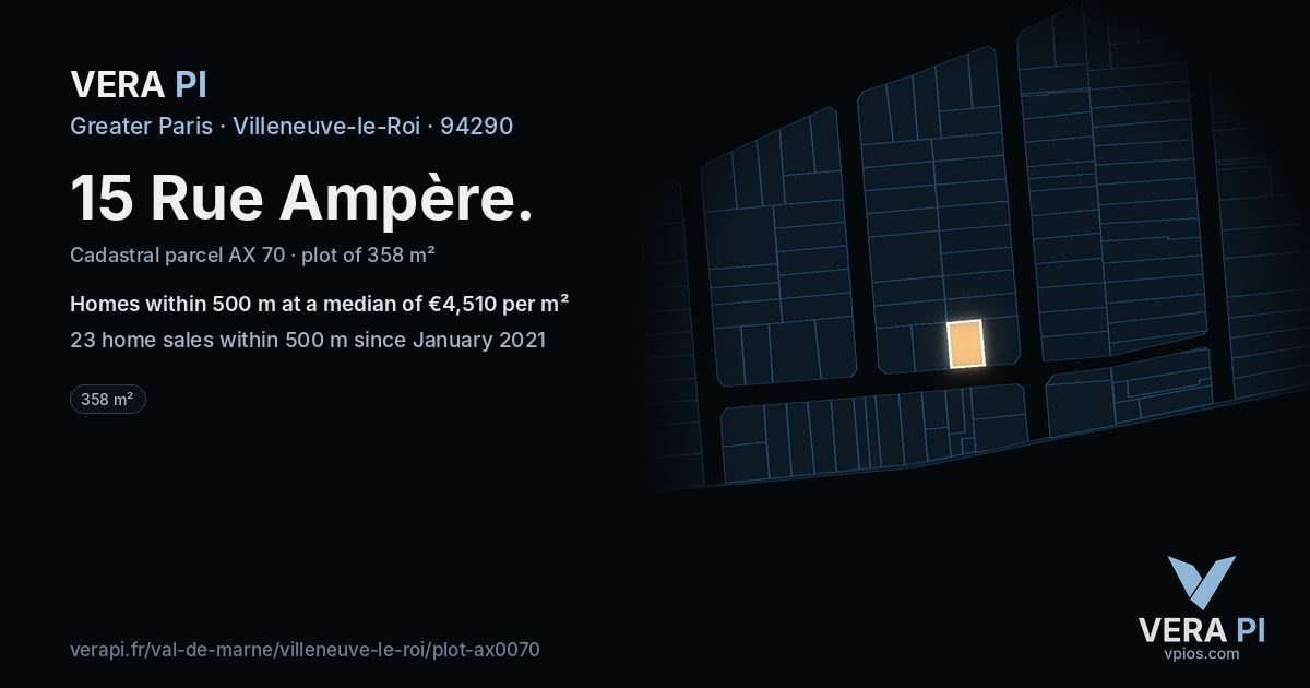 15 Rue Ampère, Villeneuve-le-Roi at night – the plot lit, the parcels around coloured by the prices near them