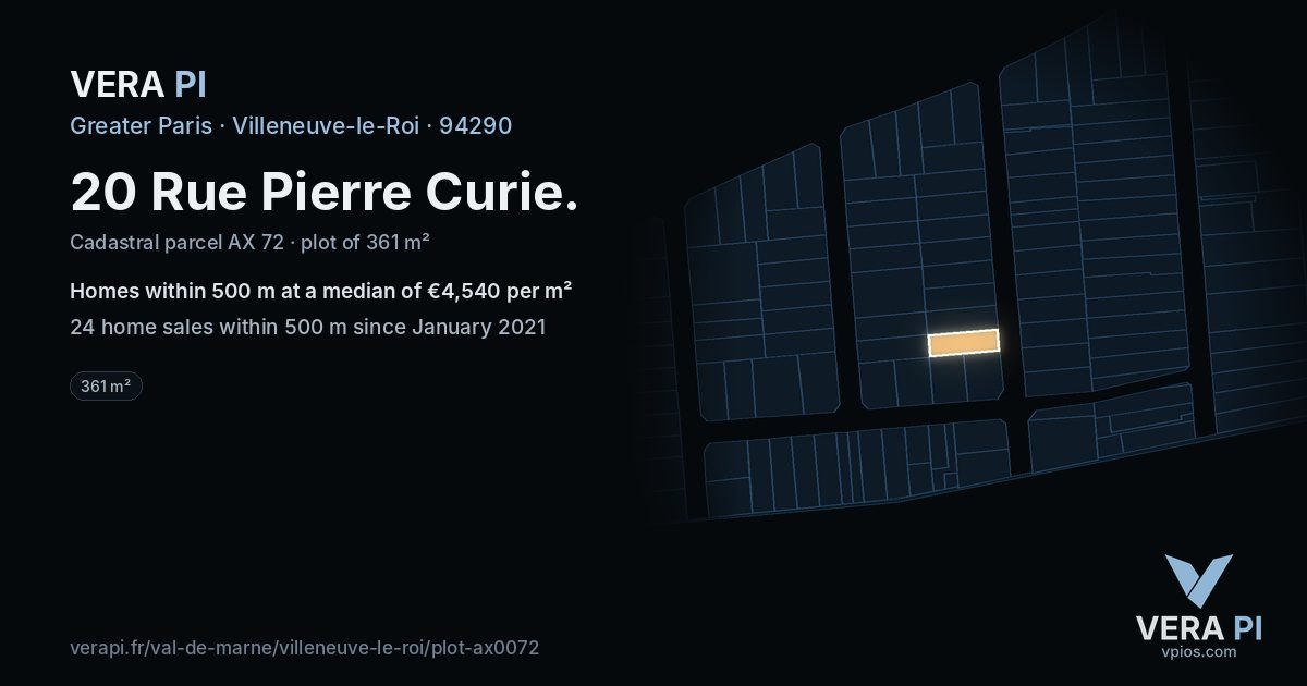 20 Rue Pierre Curie, Villeneuve-le-Roi at night – the plot lit, the parcels around coloured by the prices near them