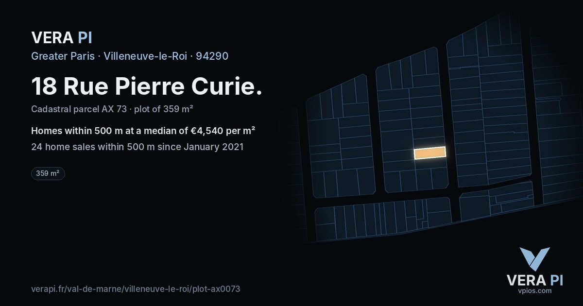 18 Rue Pierre Curie, Villeneuve-le-Roi at night – the plot lit, the parcels around coloured by the prices near them