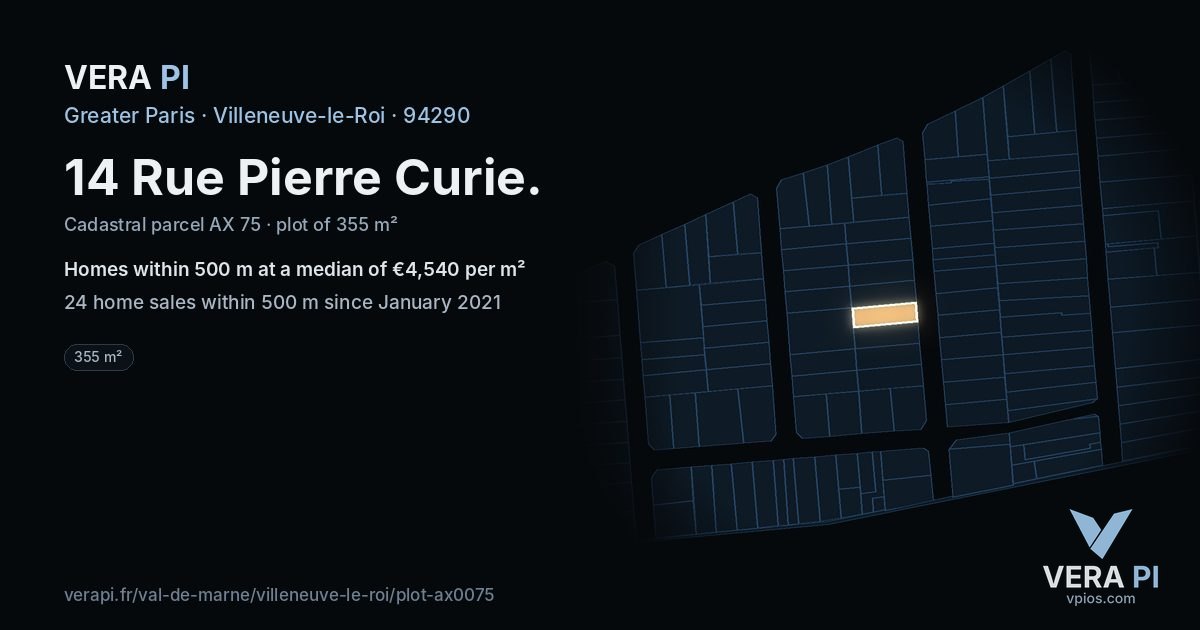 14 Rue Pierre Curie, Villeneuve-le-Roi at night – the plot lit, the parcels around coloured by the prices near them