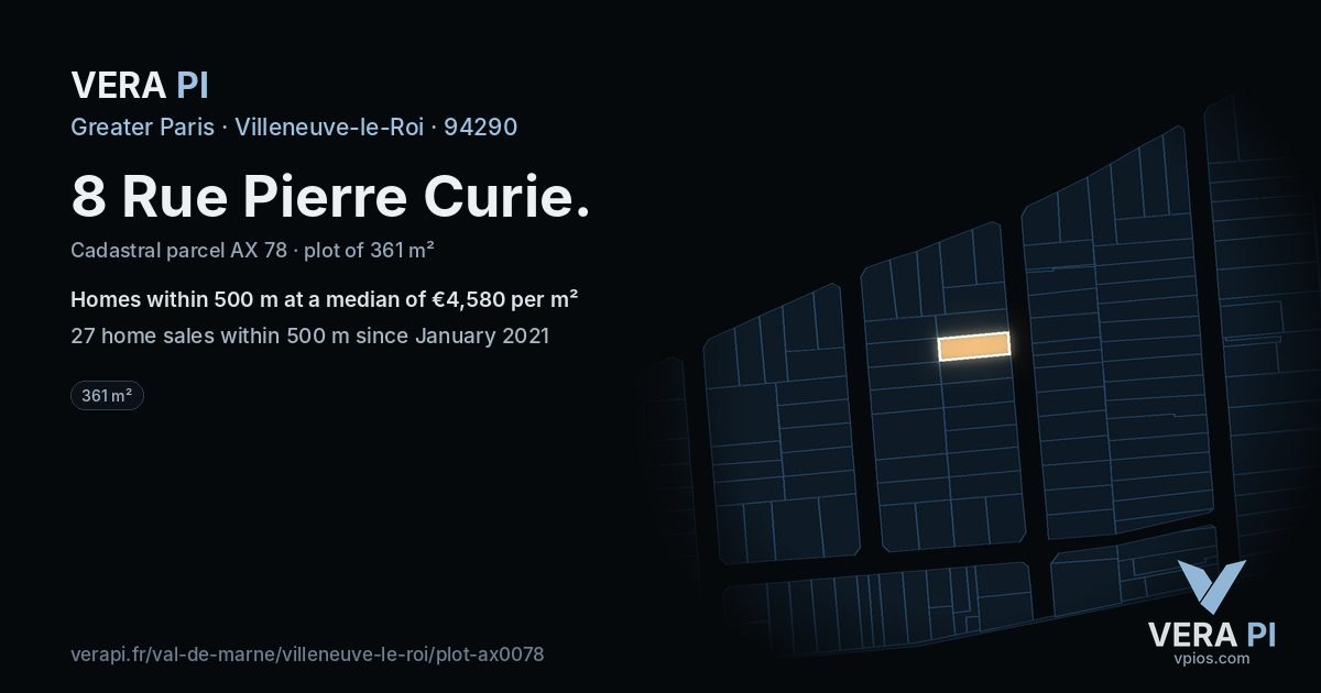 8 Rue Pierre Curie, Villeneuve-le-Roi at night – the plot lit, the parcels around coloured by the prices near them
