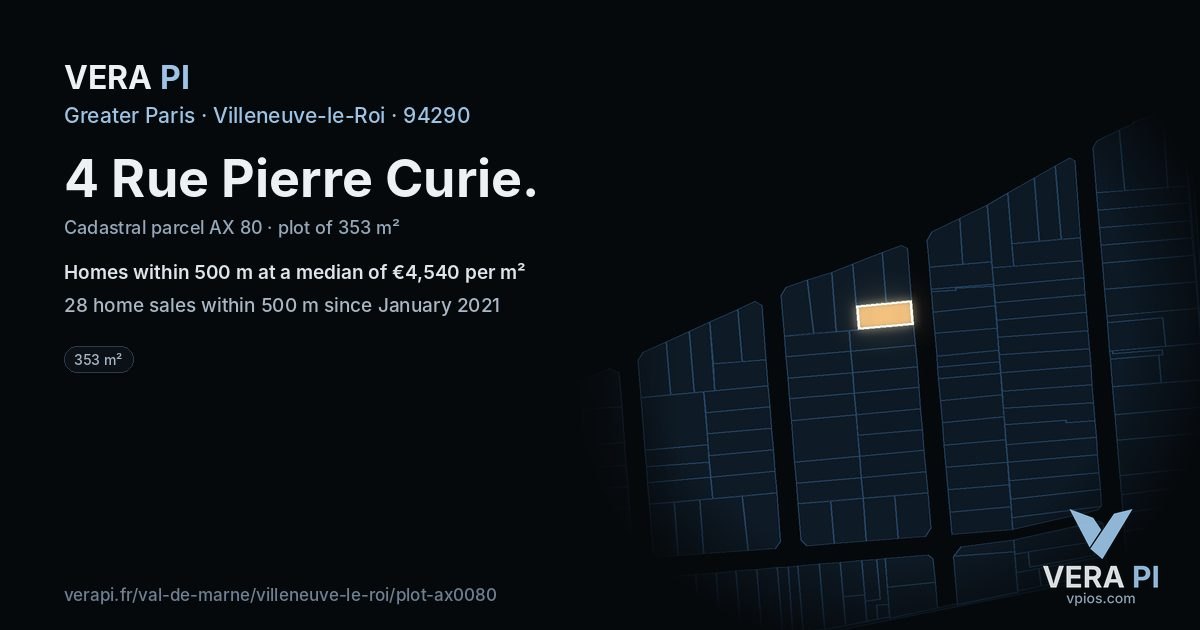 4 Rue Pierre Curie, Villeneuve-le-Roi at night – the plot lit, the parcels around coloured by the prices near them
