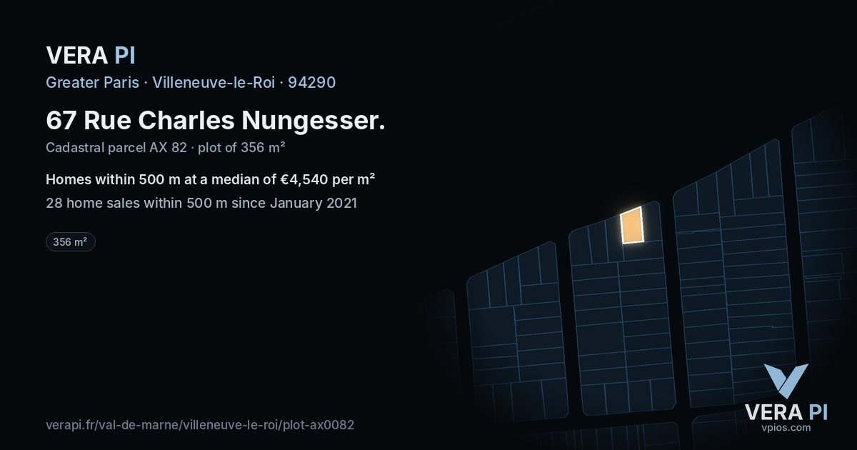 67 Rue Charles Nungesser, Villeneuve-le-Roi at night – the plot lit, the parcels around coloured by the prices near them