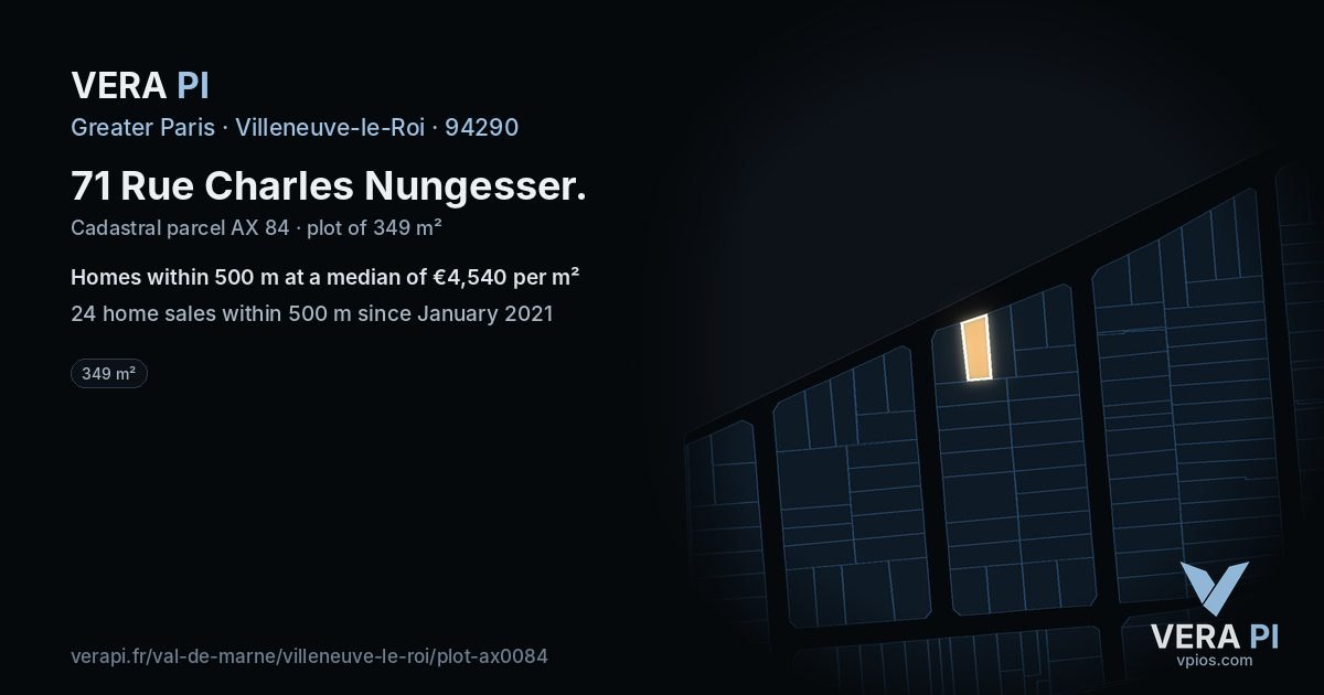 71 Rue Charles Nungesser, Villeneuve-le-Roi at night – the plot lit, the parcels around coloured by the prices near them