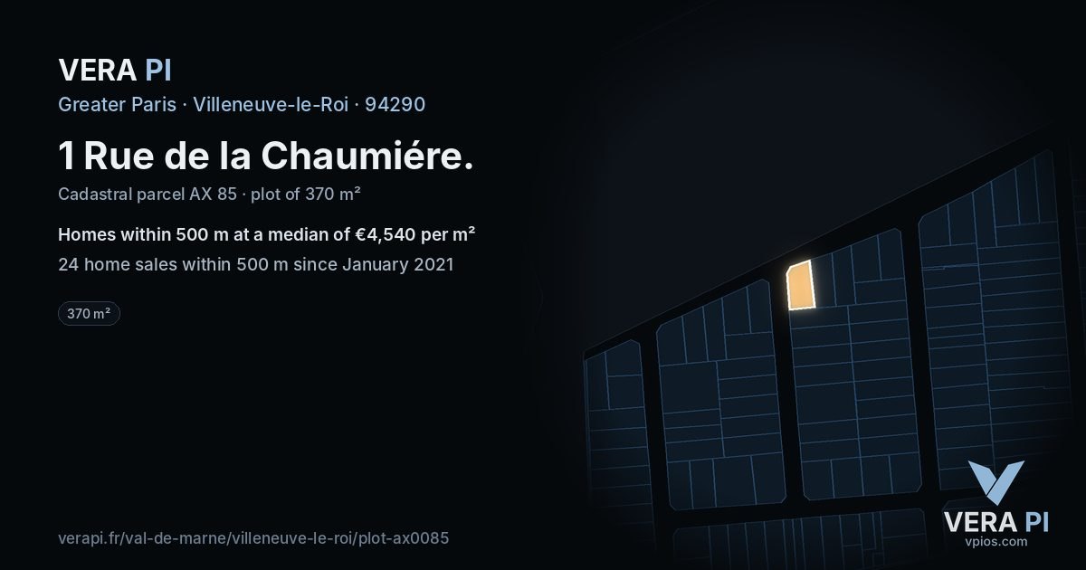 1 Rue de la Chaumiére, Villeneuve-le-Roi at night – the plot lit, the parcels around coloured by the prices near them