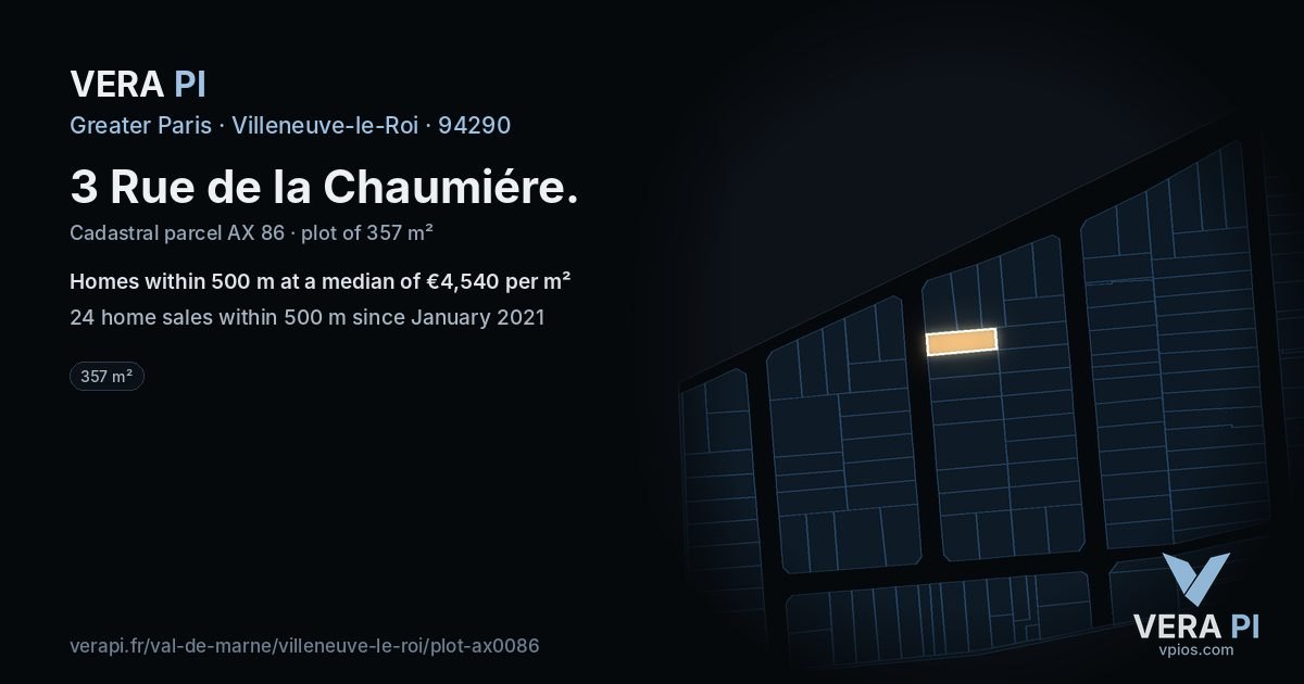 3 Rue de la Chaumiére, Villeneuve-le-Roi at night – the plot lit, the parcels around coloured by the prices near them
