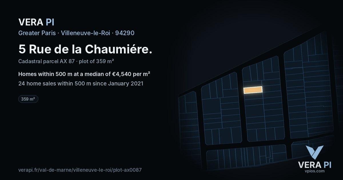 5 Rue de la Chaumiére, Villeneuve-le-Roi at night – the plot lit, the parcels around coloured by the prices near them