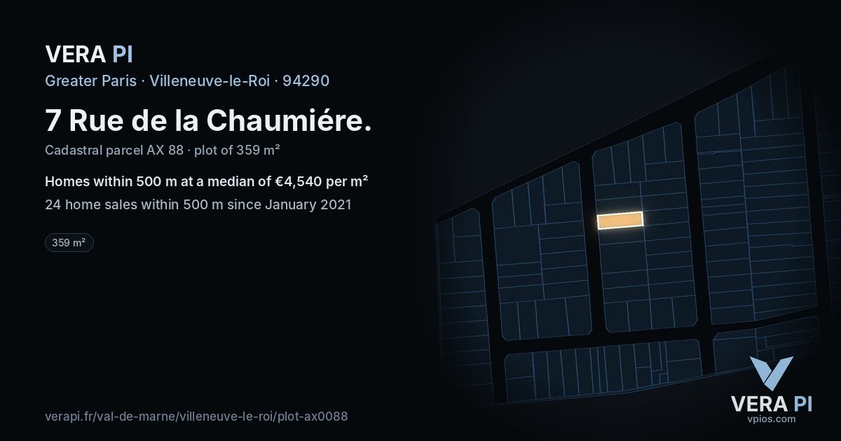 7 Rue de la Chaumiére, Villeneuve-le-Roi at night – the plot lit, the parcels around coloured by the prices near them