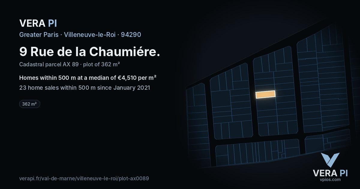 9 Rue de la Chaumiére, Villeneuve-le-Roi at night – the plot lit, the parcels around coloured by the prices near them