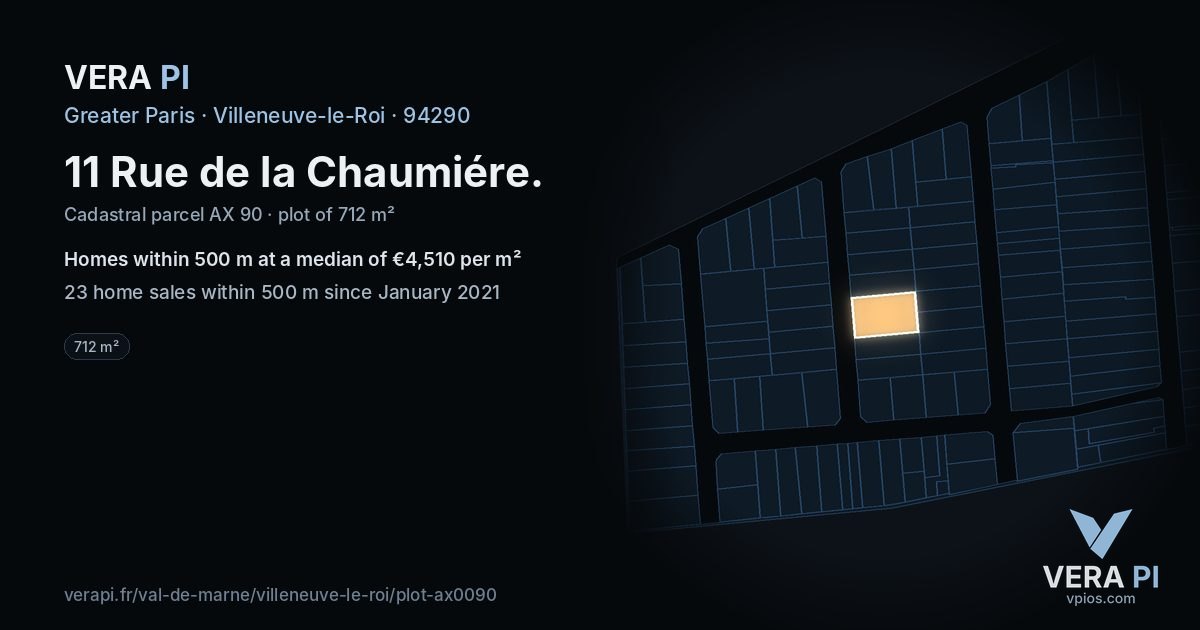 11 Rue de la Chaumiére, Villeneuve-le-Roi at night – the plot lit, the parcels around coloured by the prices near them