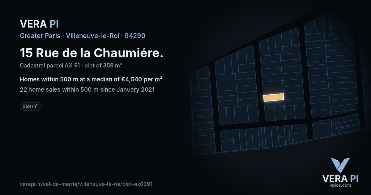 15 Rue de la Chaumiére, Villeneuve-le-Roi at night – the plot lit, the parcels around coloured by the prices near them