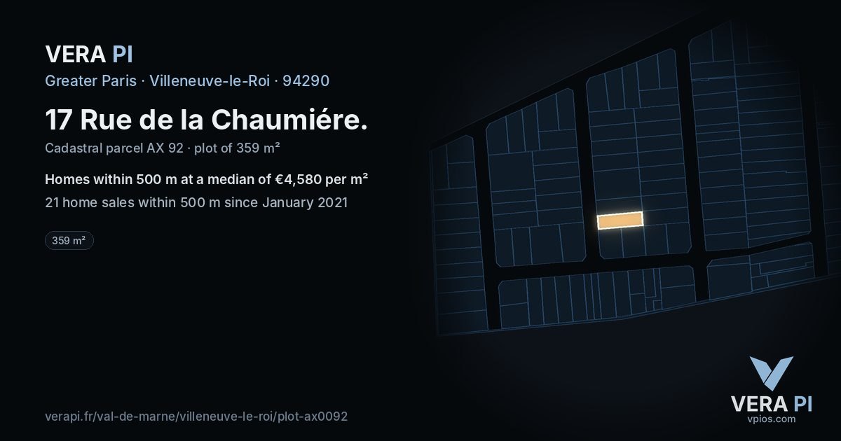 17 Rue de la Chaumiére, Villeneuve-le-Roi at night – the plot lit, the parcels around coloured by the prices near them