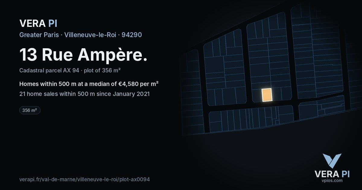 13 Rue Ampère, Villeneuve-le-Roi at night – the plot lit, the parcels around coloured by the prices near them