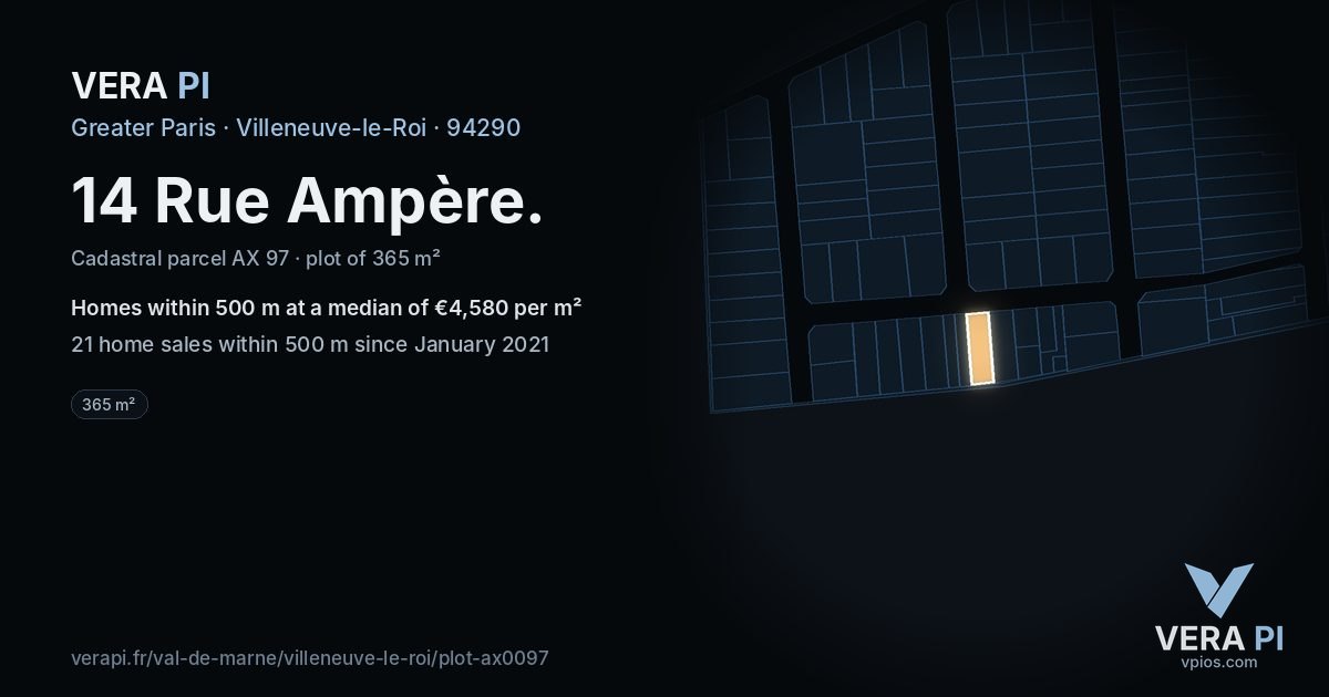 14 Rue Ampère, Villeneuve-le-Roi at night – the plot lit, the parcels around coloured by the prices near them