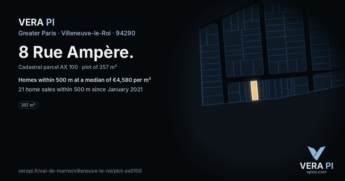 8 Rue Ampère, Villeneuve-le-Roi at night – the plot lit, the parcels around coloured by the prices near them