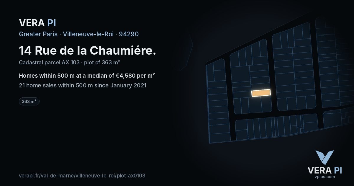 14 Rue de la Chaumiére, Villeneuve-le-Roi at night – the plot lit, the parcels around coloured by the prices near them