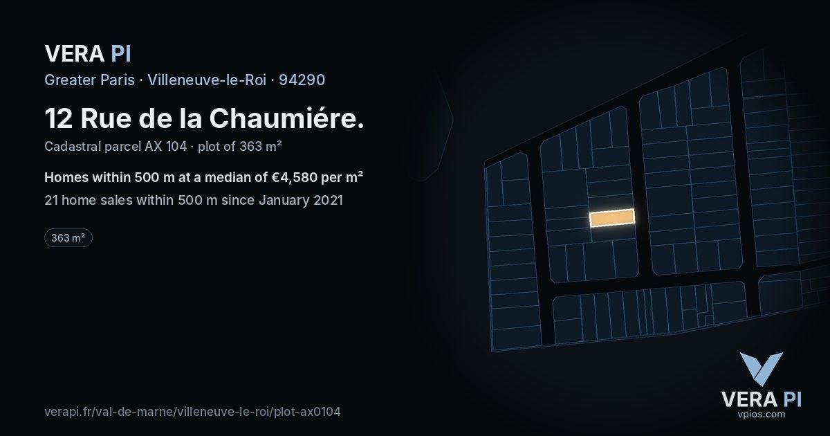 12 Rue de la Chaumiére, Villeneuve-le-Roi at night – the plot lit, the parcels around coloured by the prices near them