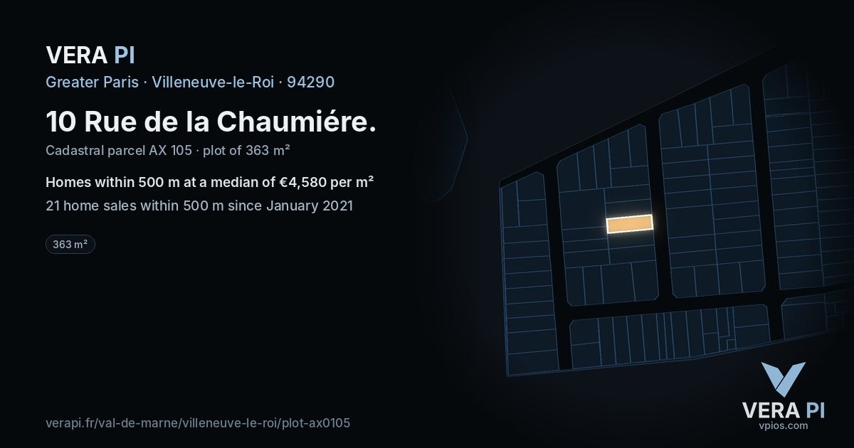 10 Rue de la Chaumiére, Villeneuve-le-Roi at night – the plot lit, the parcels around coloured by the prices near them