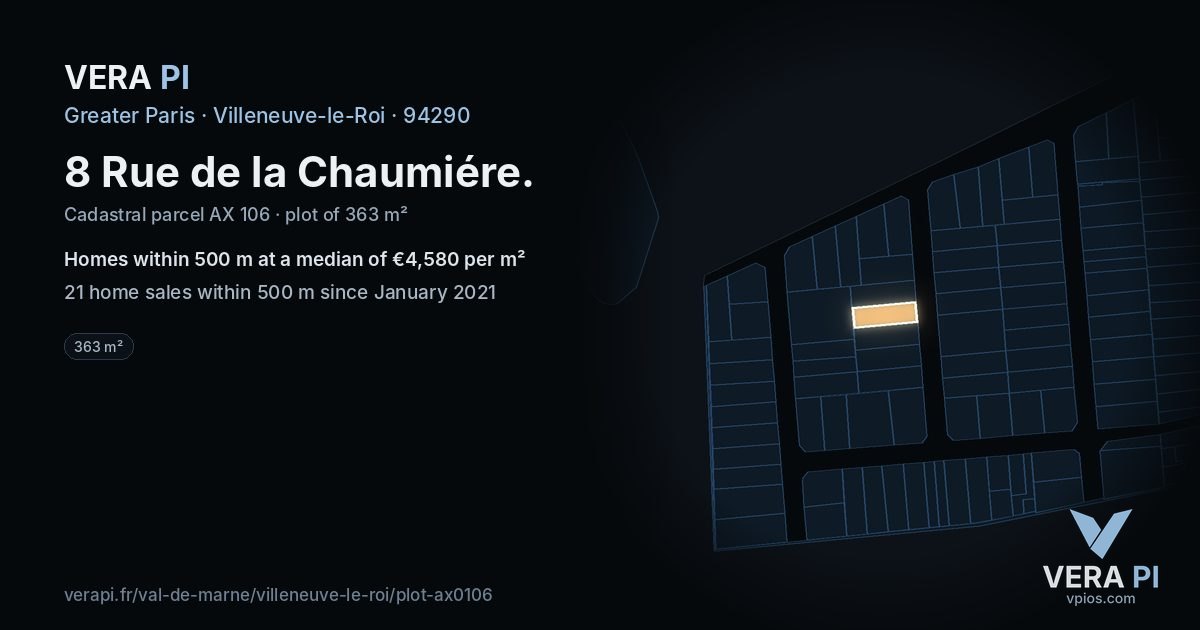 8 Rue de la Chaumiére, Villeneuve-le-Roi at night – the plot lit, the parcels around coloured by the prices near them