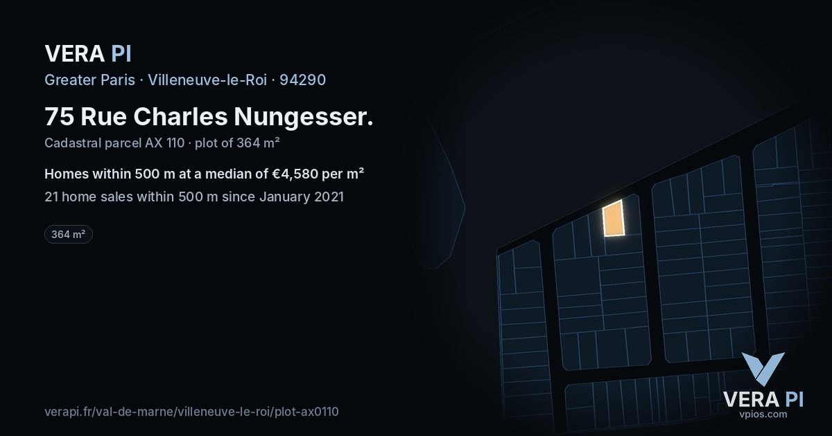 75 Rue Charles Nungesser, Villeneuve-le-Roi at night – the plot lit, the parcels around coloured by the prices near them