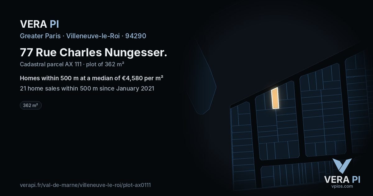 77 Rue Charles Nungesser, Villeneuve-le-Roi at night – the plot lit, the parcels around coloured by the prices near them