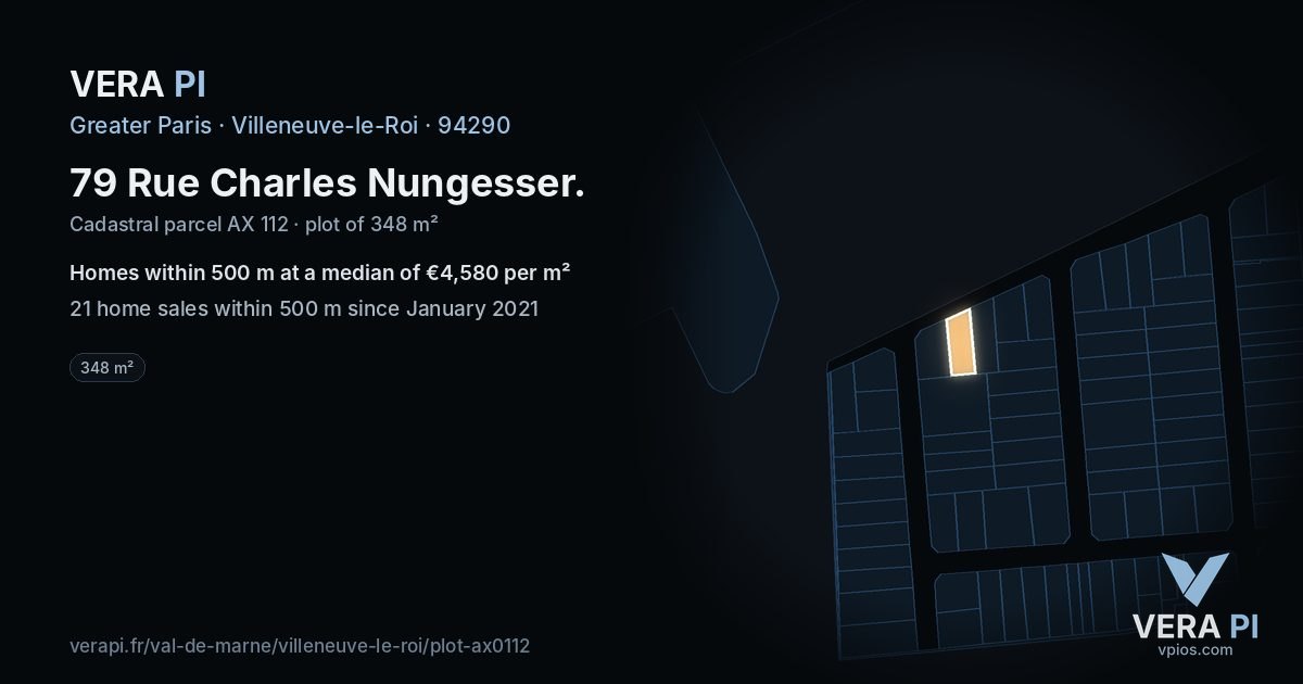 79 Rue Charles Nungesser, Villeneuve-le-Roi at night – the plot lit, the parcels around coloured by the prices near them