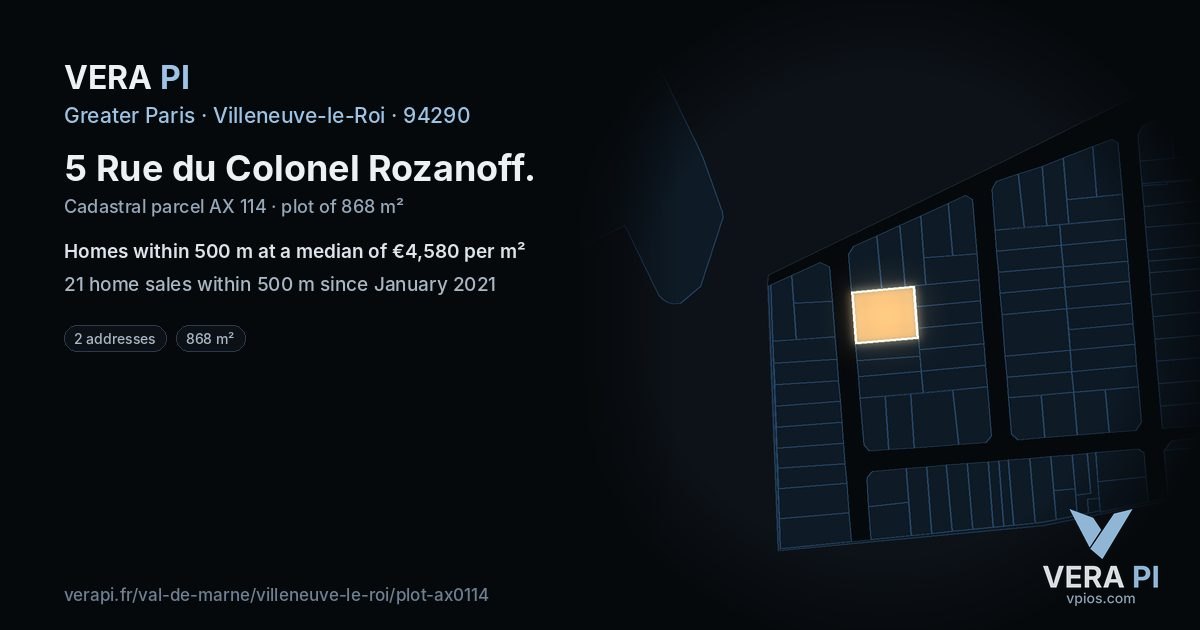5 Rue du Colonel Rozanoff, Villeneuve-le-Roi at night – the plot lit, the parcels around coloured by the prices near them