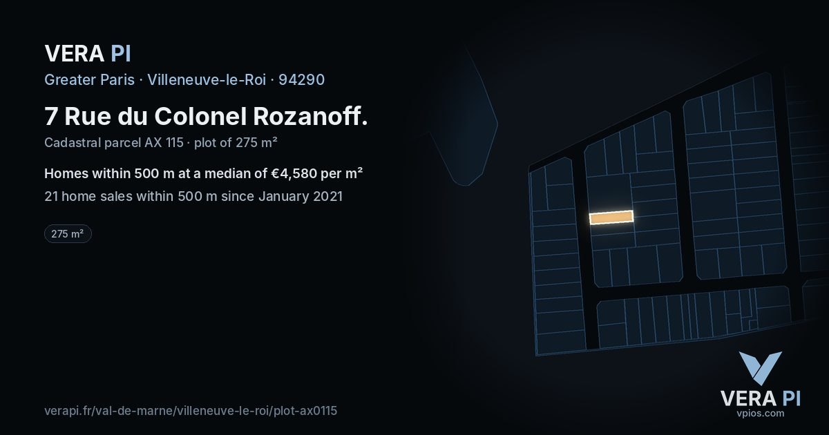 7 Rue du Colonel Rozanoff, Villeneuve-le-Roi at night – the plot lit, the parcels around coloured by the prices near them