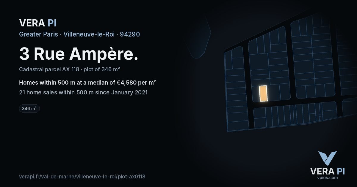 3 Rue Ampère, Villeneuve-le-Roi at night – the plot lit, the parcels around coloured by the prices near them