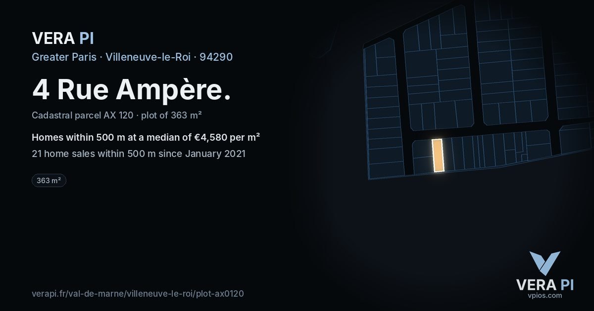 4 Rue Ampère, Villeneuve-le-Roi at night – the plot lit, the parcels around coloured by the prices near them