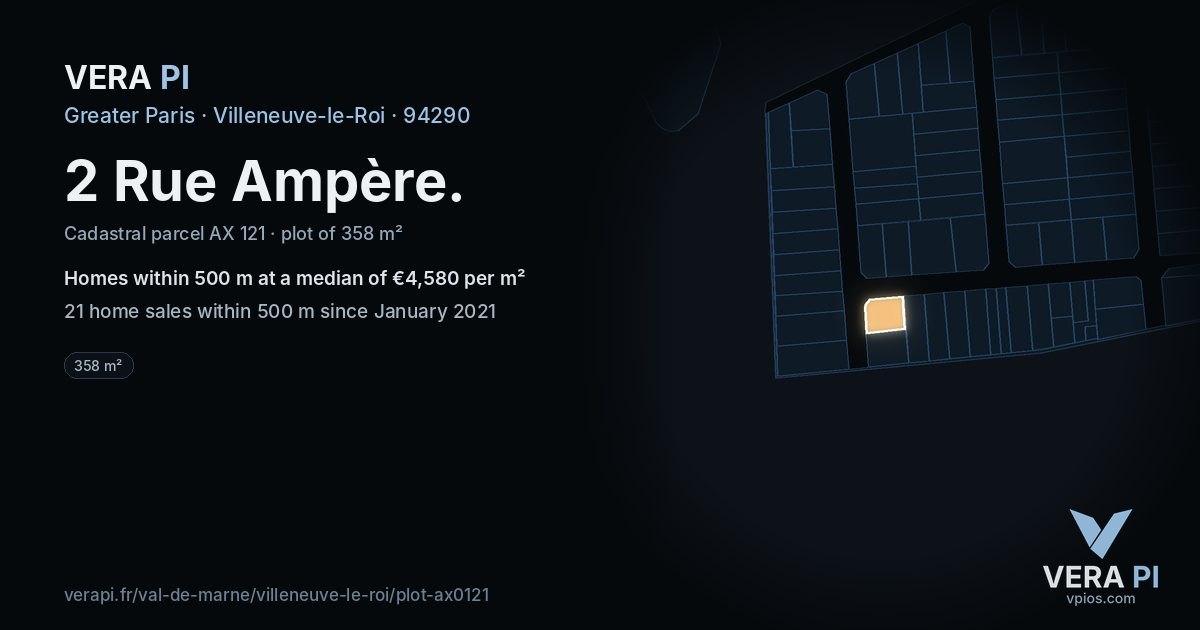 2 Rue Ampère, Villeneuve-le-Roi at night – the plot lit, the parcels around coloured by the prices near them