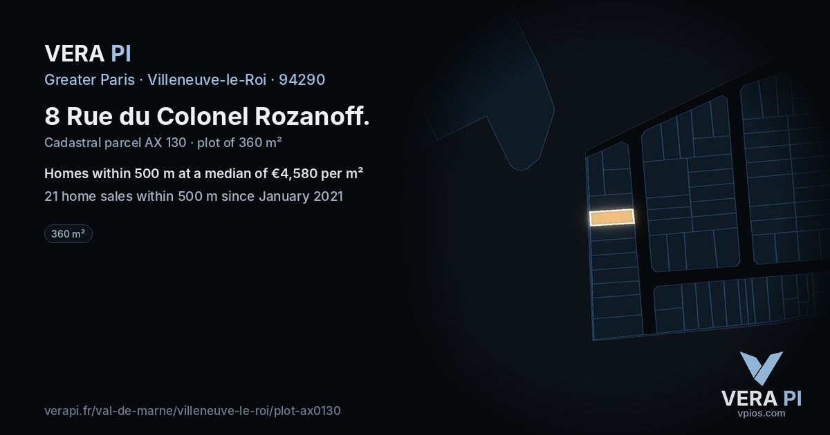 8 Rue du Colonel Rozanoff, Villeneuve-le-Roi at night – the plot lit, the parcels around coloured by the prices near them