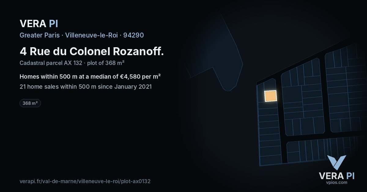 4 Rue du Colonel Rozanoff, Villeneuve-le-Roi at night – the plot lit, the parcels around coloured by the prices near them