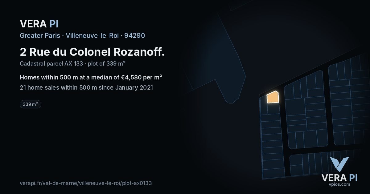 2 Rue du Colonel Rozanoff, Villeneuve-le-Roi at night – the plot lit, the parcels around coloured by the prices near them