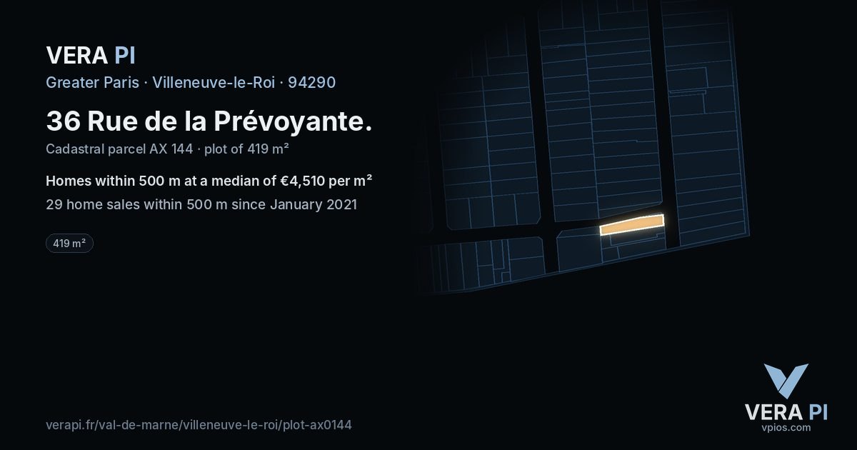 36 Rue de la Prévoyante, Villeneuve-le-Roi at night – the plot lit, the parcels around coloured by the prices near them
