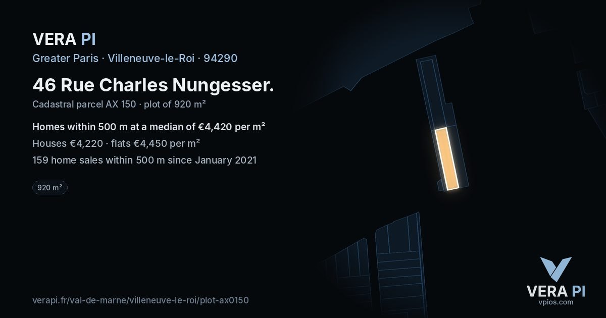 46 Rue Charles Nungesser, Villeneuve-le-Roi at night – the plot lit, the parcels around coloured by the prices near them
