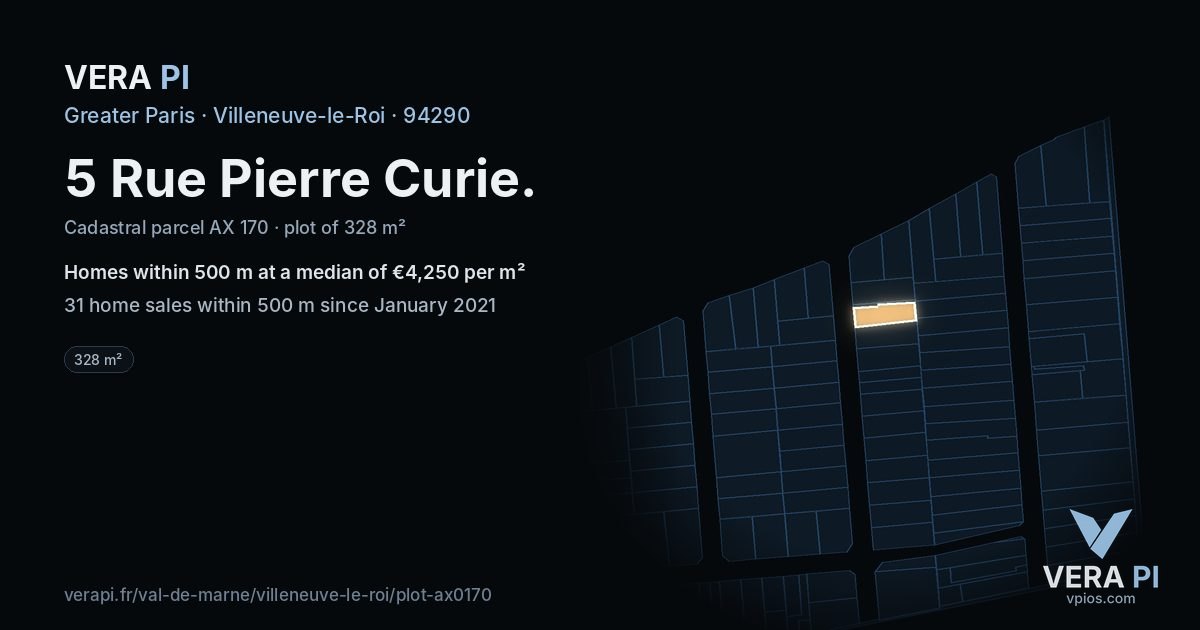 5 Rue Pierre Curie, Villeneuve-le-Roi at night – the plot lit, the parcels around coloured by the prices near them