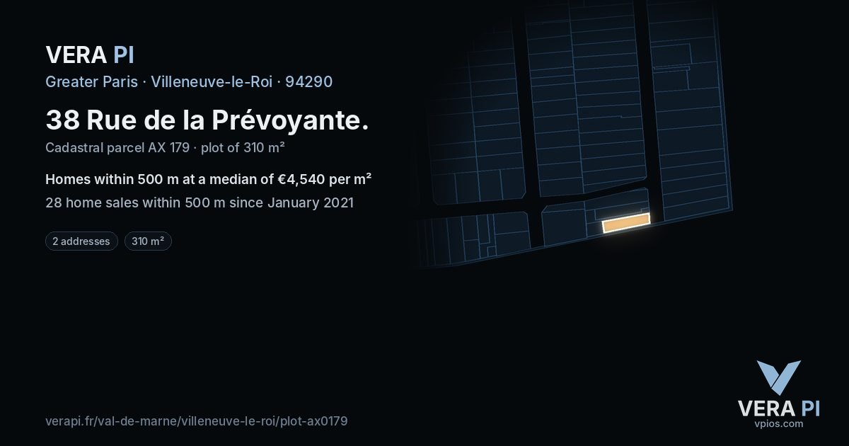 38 Rue de la Prévoyante, Villeneuve-le-Roi at night – the plot lit, the parcels around coloured by the prices near them